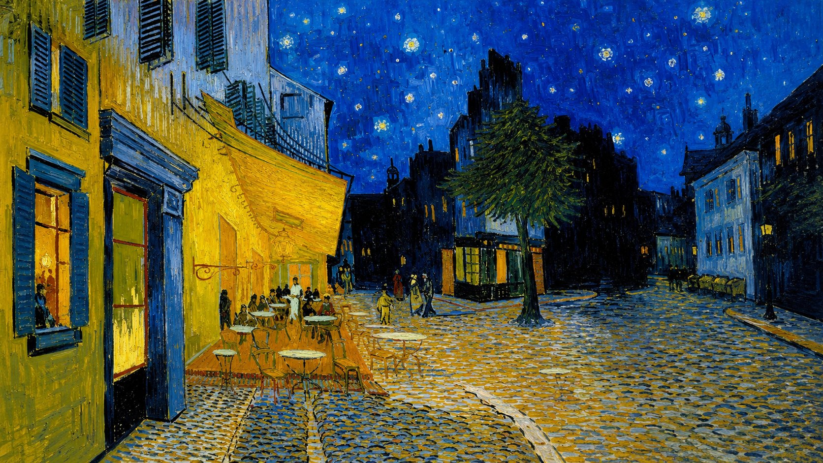 A Parisian café terrace glowing gold beneath a deep blue, star-filled night sky, painted in the style of Van Gogh.